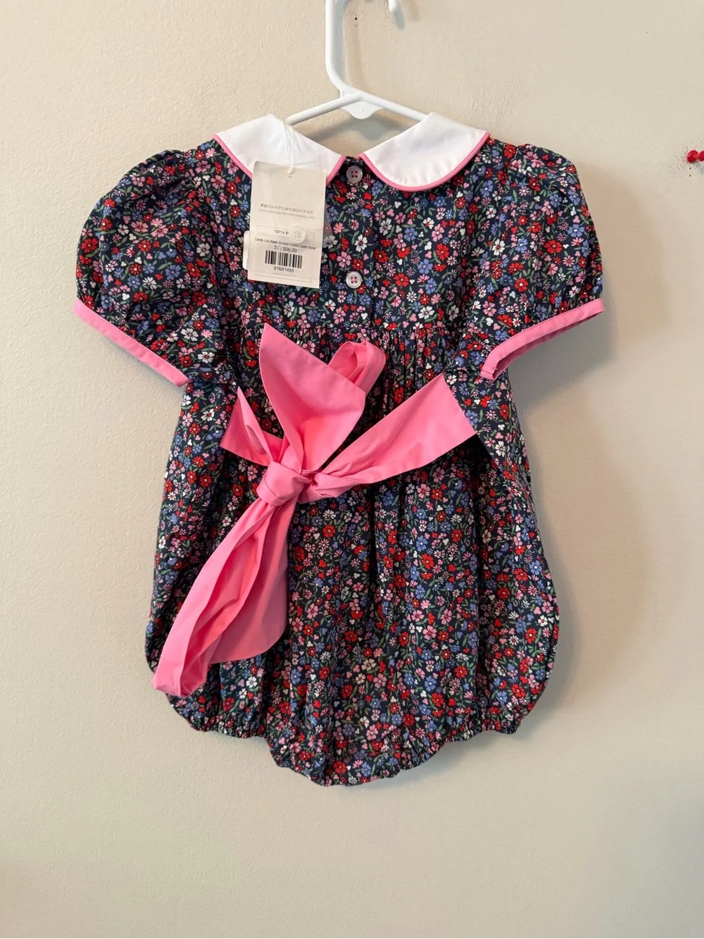The Beaufort Bonnet Company Navy Floral Peter Pan Collar Bubble with Pink Trim